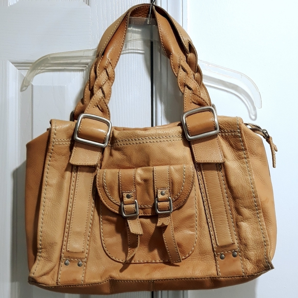 Fossil Genuine Leather Tan Zippered For Closure Braided Shoulder Bag